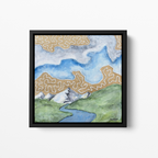 Watercolor landscape with green hills, snowy mountains, a winding blue river, and tan abstract cloud patterns, artwork by MK Mason, framed mockup