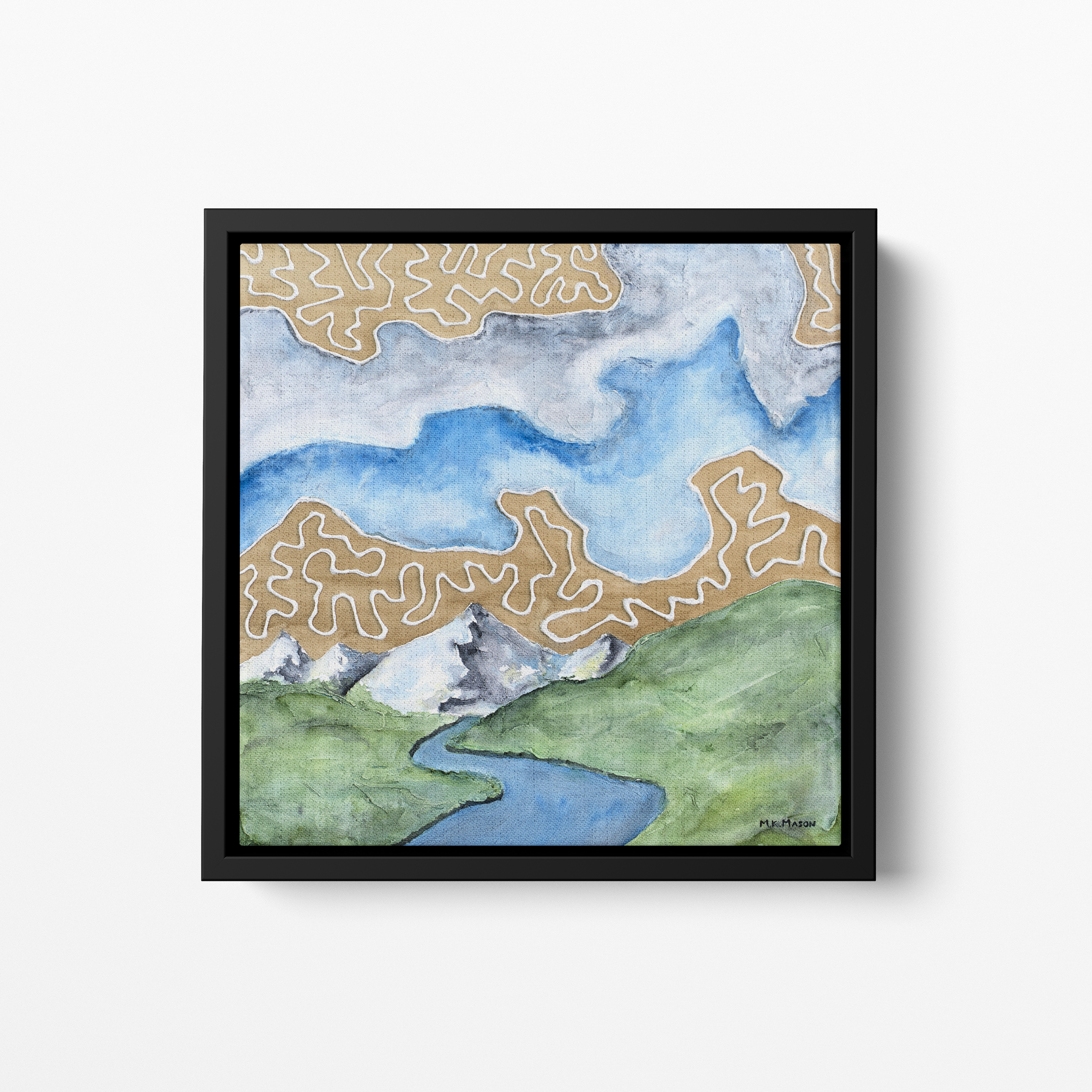 Watercolor landscape with green hills, snowy mountains, a winding blue river, and tan abstract cloud patterns, artwork by MK Mason, framed mockup